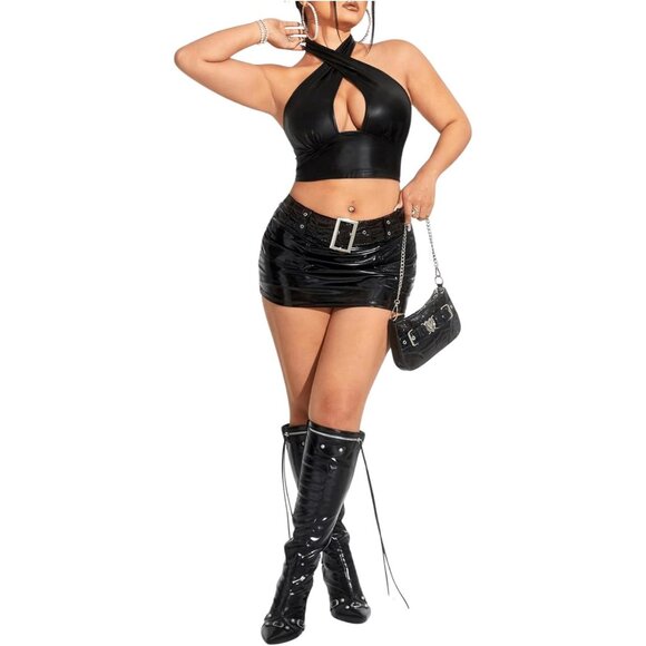 Plus Size Women's Leather Criss Cross Crop Halter Top Backless Fashion - Picture 6 of 6